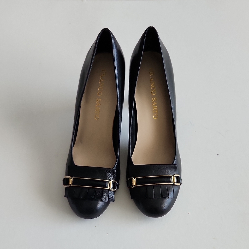 Franco Sarto Black Leather Heels with Gold Accent